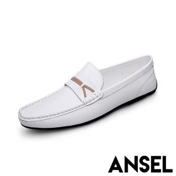 【ANSEL】樂福鞋 平底樂福鞋/真皮頭層牛皮經典百搭一字造型平底樂福鞋 -男鞋 白