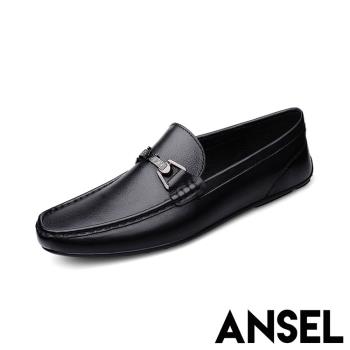 【ANSEL】樂福鞋 平底樂福鞋/真皮頭層牛皮金屬一字釦造型平底樂福鞋 -男鞋 黑
