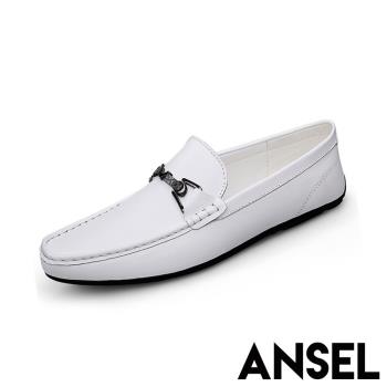 【ANSEL】樂福鞋 平底樂福鞋/真皮頭層牛皮金屬一字釦造型平底樂福鞋 -男鞋 白