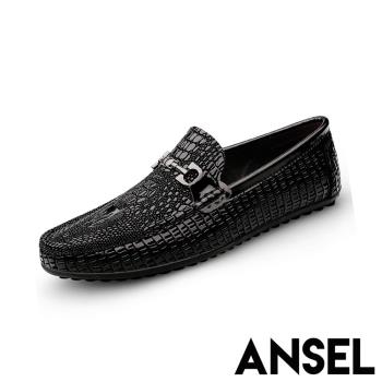 【ANSEL】樂福鞋 真皮樂福鞋/真皮頭層牛皮龍頭皮革壓紋一字金屬釦造型樂福鞋-男鞋 黑