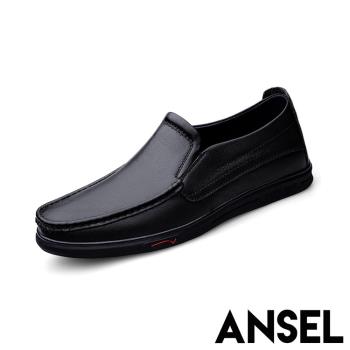 【ANSEL】樂福鞋 休閒樂福鞋/真皮頭層牛皮經典極簡縫線素面休閒樂福鞋-男鞋 黑