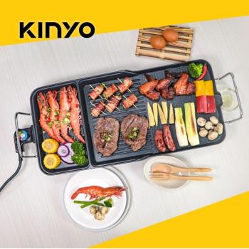 KINYO BP-30 電烤盤專為2人份設計，採用黑色鋁合金內鍋，具備非沾塗層易清潔，消耗功率1200~1400W快速加熱，適閤家用烤肉、煎炒等多功能料理。尺寸W710xH315xD130 mm，重量2800g，110V/60Hz，中國製造，BSMI認證R4A106，保固1年。