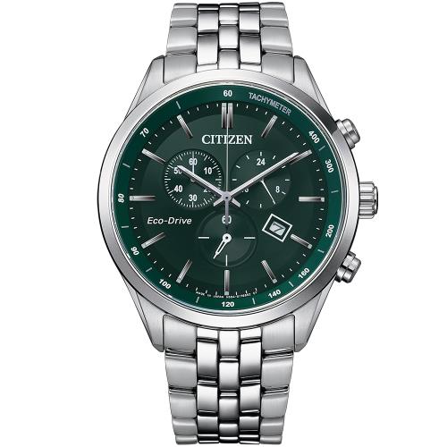 CITIZEN 星辰 光動能三眼計時錶/綠/42mm/AT2149-85X