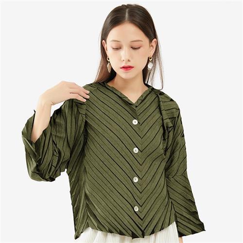 【米蘭精品】長袖襯衫褶皺上衣-彈力條紋開衫喇叭袖三宅女裝4色74cg96