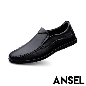 【ANSEL】皮鞋 休閒皮鞋/真皮頭層牛皮手工縫線舒適平底休閒皮鞋 -男鞋 黑