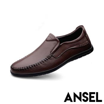 【ANSEL】皮鞋 休閒皮鞋/真皮頭層牛皮手工縫線舒適平底休閒皮鞋 -男鞋 咖