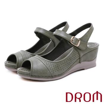 【drom】涼鞋 魚口涼鞋/復古優雅簡約舒適坡跟魚口露趾涼鞋 綠