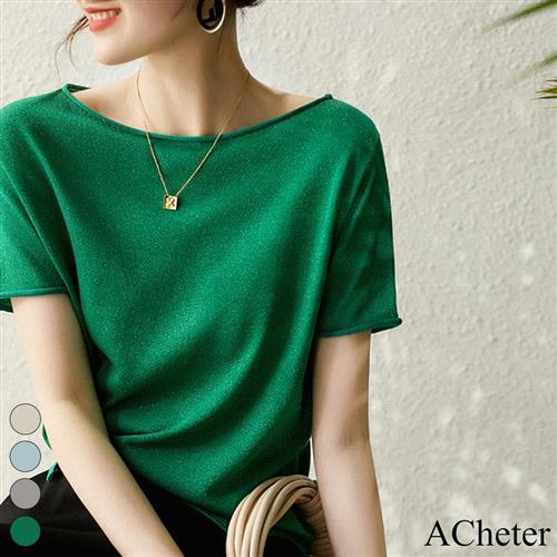 【ACheter】清新純色閃耀短袖T恤圓領針織上衣#112794