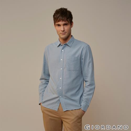 GIORDANO 男裝棉麻素色長袖襯衫 (08 淺藍)