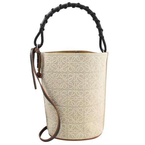 Loewe Women Gate Bucket Handle Bag in Anagram Linen and Calfskin