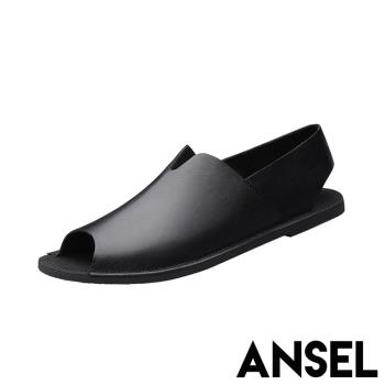 【ANSEL】涼鞋 羅馬涼鞋/真皮牛皮復古極簡造型平底羅馬涼鞋 -男鞋 黑