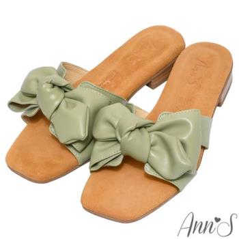 Ann’S水洗牛皮-立體大蝴蝶結木紋跟方頭涼鞋-綠(版型偏小)