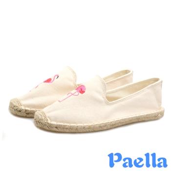 【Paella】休閒鞋 草編休閒鞋/時尚經典純色帆布刺繡草編休閒鞋 紅鶴白