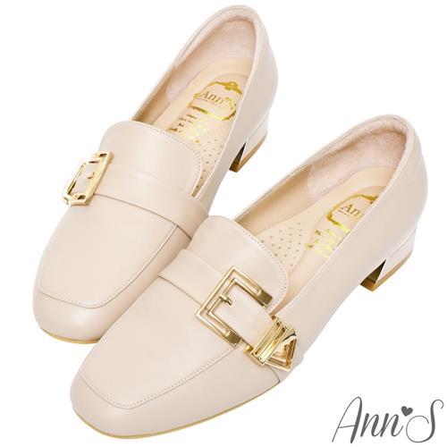 Ann’S鏤空造型金扣頂級綿羊皮平底樂福鞋-粉