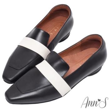 Ann’S優雅簡約-撞色寬帶全真皮牛皮平底樂福鞋-黑(版型偏小)