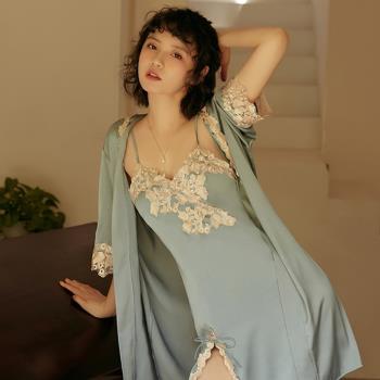 女人香 法式優雅宮廷風 奢華刺繡絲綢睡袍浴袍居家服睡裙-4件式-藍