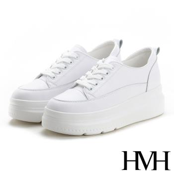 【HMH】小白鞋 休閒小白鞋/真皮舒適超輕量厚底時尚休閒純色內增高美腿小白鞋 白