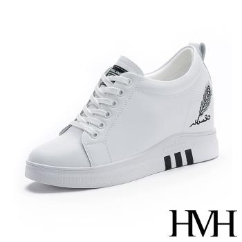 【HMH】小白鞋 厚底小白鞋/舒適真皮美腿內增高時尚羽毛刺繡撞色個性厚底小白鞋 黑