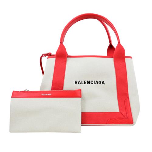 BALENCIAGA 巴黎世家 339933 NAVY 簡約帆布皮飾手提托特包.紅邊