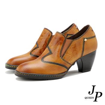 【JP Queen New York】迷人印花復古圓頭真皮粗高跟鞋(咖啡色)