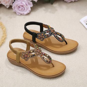 【Taroko】夕紅串珠民族夾腳坡跟舒適涼鞋(2色可選)