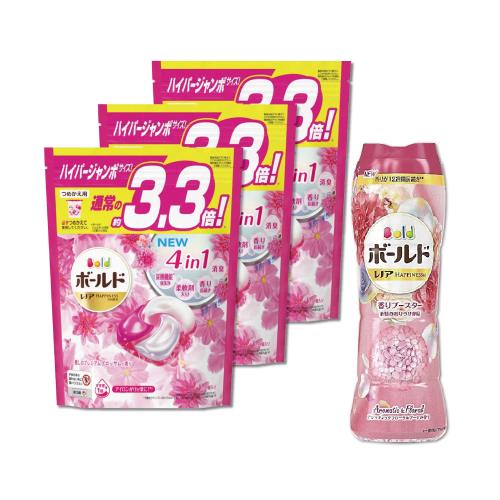 日本P&amp;G Bold 4D炭酸機能強洗淨柔軟花香洗衣凝膠球39顆x3袋+衣物芳香顆粒香香豆520mlx1罐 -牡丹花香