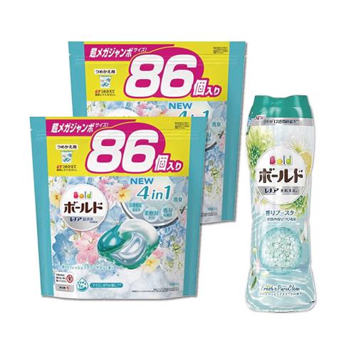 日本P&G Bold 4D炭酸機能強洗淨柔軟花香洗衣凝膠球86顆x2袋+衣物芳香顆粒香香豆520mlx1罐 -白葉花香