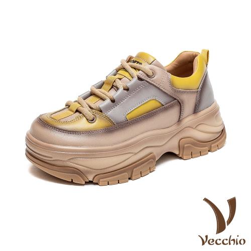 【VECCHIO】運動鞋 繫帶運動鞋/真皮頭層牛皮繽紛撞色時尚厚底繫帶運動鞋 黃