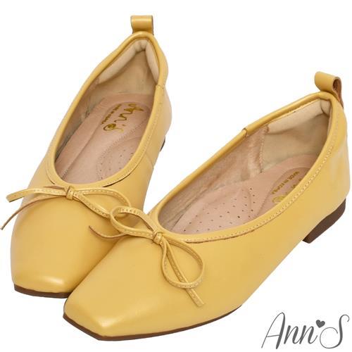 AnnS法式平底鞋-柔軟全真皮蝴蝶結芭蕾小方頭鞋-黃(版型偏小)