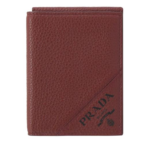PRADA 2MO006 壓印LOGO荔枝牛皮三折小短夾.酒紅