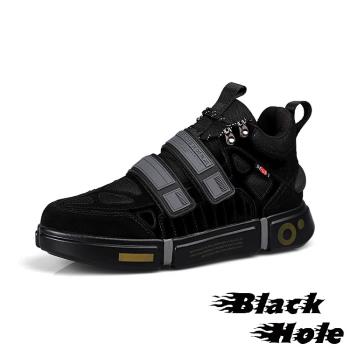 【BLACK HOLE】運動鞋 休閒運動鞋 /街頭潮流個性色塊拼貼魔鬼粘厚底休閒運動鞋 - 男鞋 黑