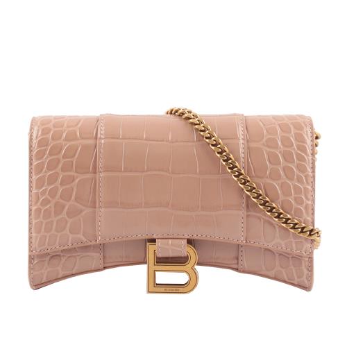 BALENCIAGA Hourglass 牛皮壓鱷魚紋皮夾式鏈包WOC(裸粉色) 656050 1LRGM 6310
