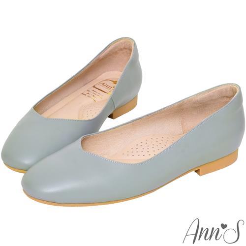 AnnS奶奶鞋-V型小羊皮真皮方頭平底鞋-灰藍