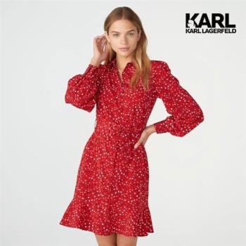 【KARL LAGERFELD 卡爾】滿版愛心剪影荷葉裙擺洋裝-紅