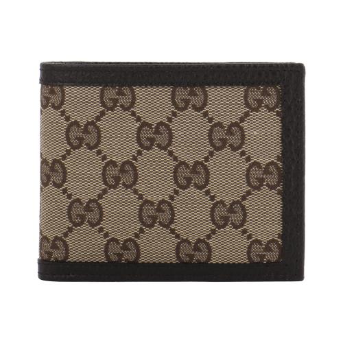 GUCCI - 小雙G 帆布牛皮滾邊對開8卡短夾(卡其咖)