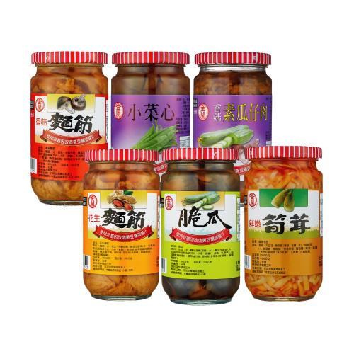 【金蘭食品】醬菜罐頭6件組(鮮嫩筍茸350g +香菇麵筋396g+花生麵筋 396g+脆瓜396g+小菜心396g+素瓜仔肉370g)