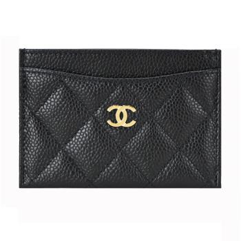 CHANEL 經典金色雙C LOGO菱格紋小牛皮卡片夾(黑色)