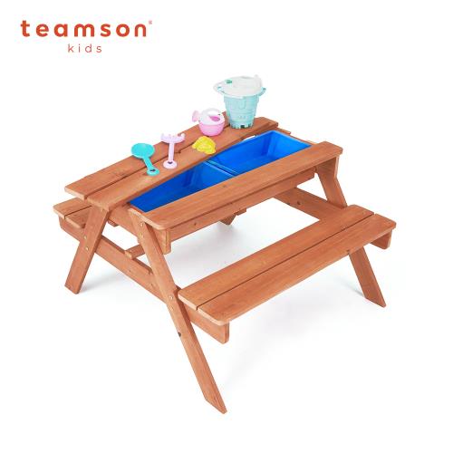 Teamson kids 戶外綠洲兒童木製桌椅組(附玩沙玩具8件組)