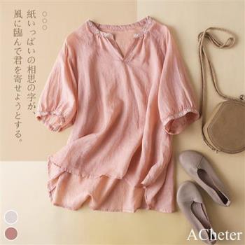 【ACheter】日系繡花V領涼涼風棉麻上衣#113011