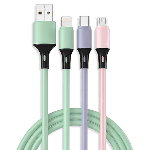 月陽三合一三色區分1.2米極速5A液態矽膠TYPEC安卓8PIN充電線無資料傳輸(AMTC312)