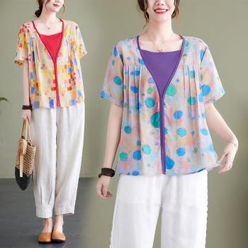 麗莎熊 LisaBear 夏季馬卡龍色系假兩件式棉麻造型上衣 M~3XL 大尺碼可 兩色可選