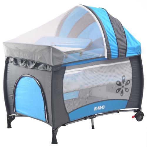 EMC 雙層安全嬰兒床(具遊戲功能)(平安藍)附贈尿布台、遮光罩與蚊帳