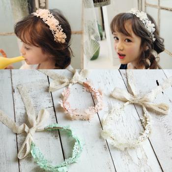 【Emi艾迷】韓系兒童髮飾甜美花朵蕾絲飄帶髮箍花環