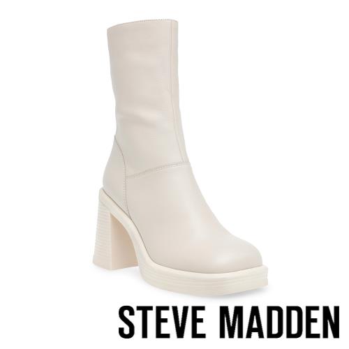 STEVE MADDEN-FINITE 皮質方頭粗跟中筒靴-米杏色