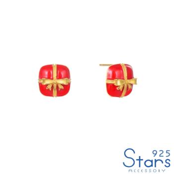 【925 STARS】純銀925金色緞帶聖誕禮物造型耳釘 造型耳釘