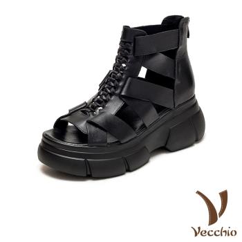 【VECCHIO】涼鞋 厚底涼鞋/真皮頭層牛皮百搭時尚縷空線條厚底羅馬涼鞋 黑