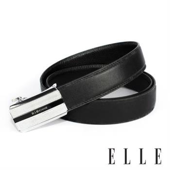 【ELLE HOMME】品牌自動扣皮帶(黑)-白金格底中黑條字