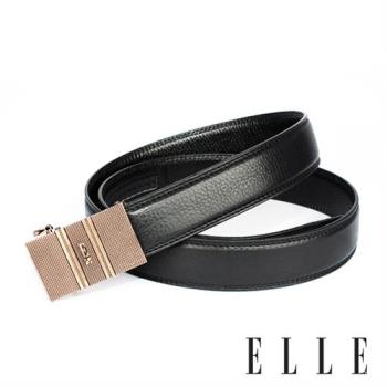 【ELLE HOMME】品牌自動扣皮帶(黑)-金格紋底雙直線大E