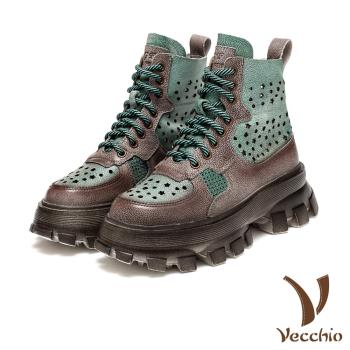 【VECCHIO】馬丁靴 真皮馬丁靴/真皮頭層牛皮縷空幾何星星圖樣撞色拼接個性馬丁靴 綠
