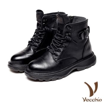 【VECCHIO】馬丁靴 真皮馬丁靴/真皮頭層牛皮個性經典皮帶釦飾百搭繫帶馬丁靴 黑